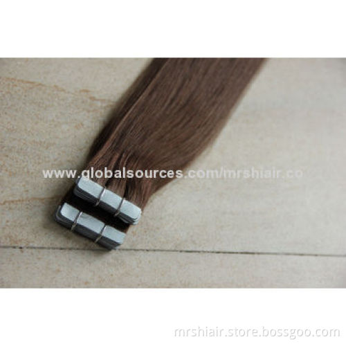 20-Inch dark brown color human virgin silk straight seamless tape weft hair extension